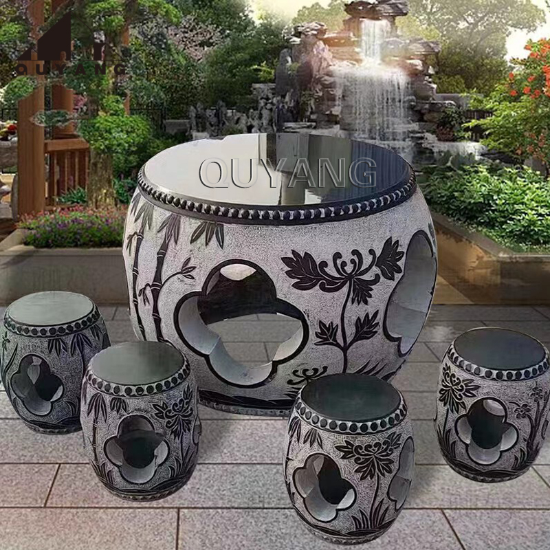 QUYANG Garden Decoration Hand Carved Natural Stone Stools Chinese Style Retro Antique Black Limestone Table
