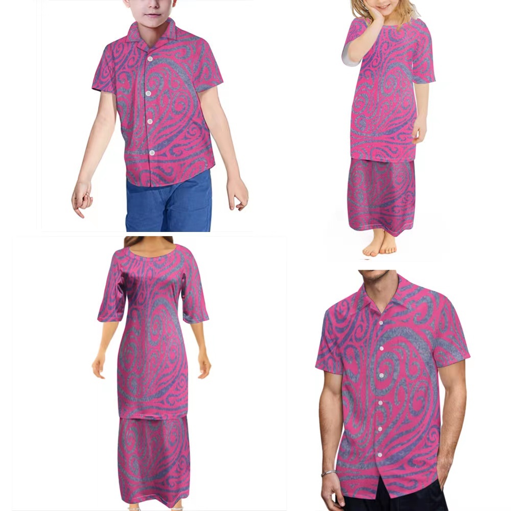 Pacific Island Art Design Father Mother Children Clothes Baby Girl Dresses Customized Matching Family Outfits Samoa Puletasi Set