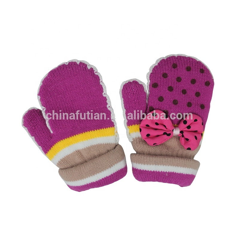 FT FASHION Winter Thick Double Layer Kids Cute Bow-tie Applique Kids Knit Mitten Gloves