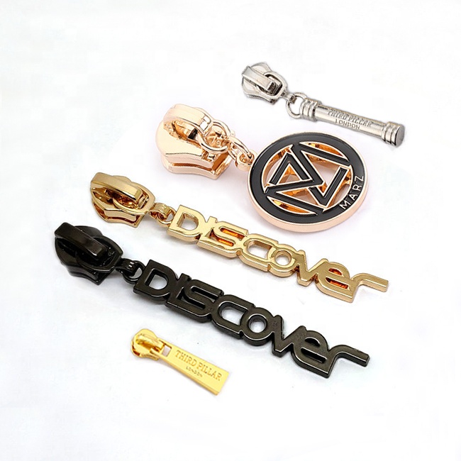 custom logo shoe coat pocket purse metal zip gold silver metal zipper pull slider puller jacket metal zipper for handbag bags