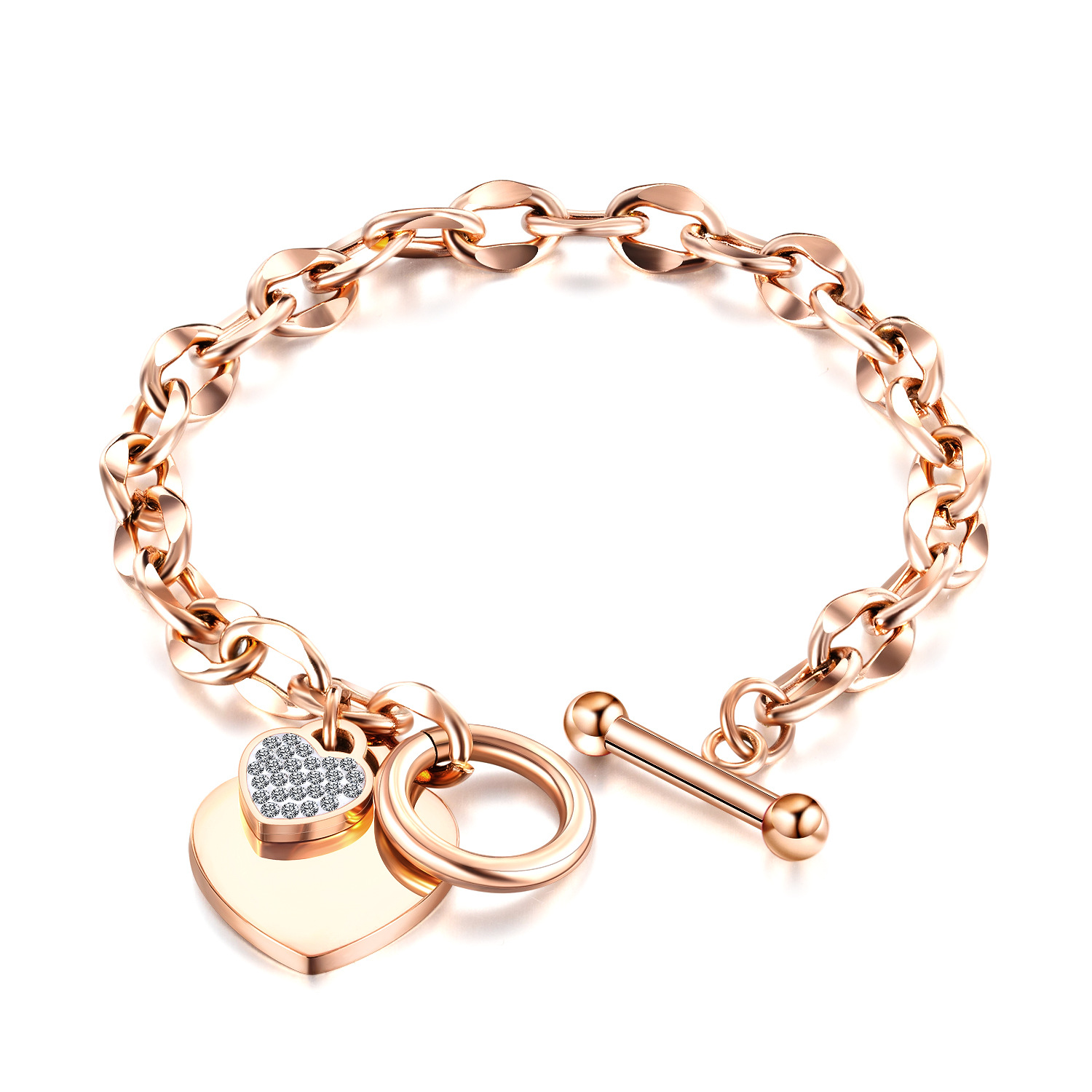 High End 18k Gold Plated Stainless Steel Jewelry Link Chain Women Zirconia Heart Charms OT Buckle Bracelets 316 2021