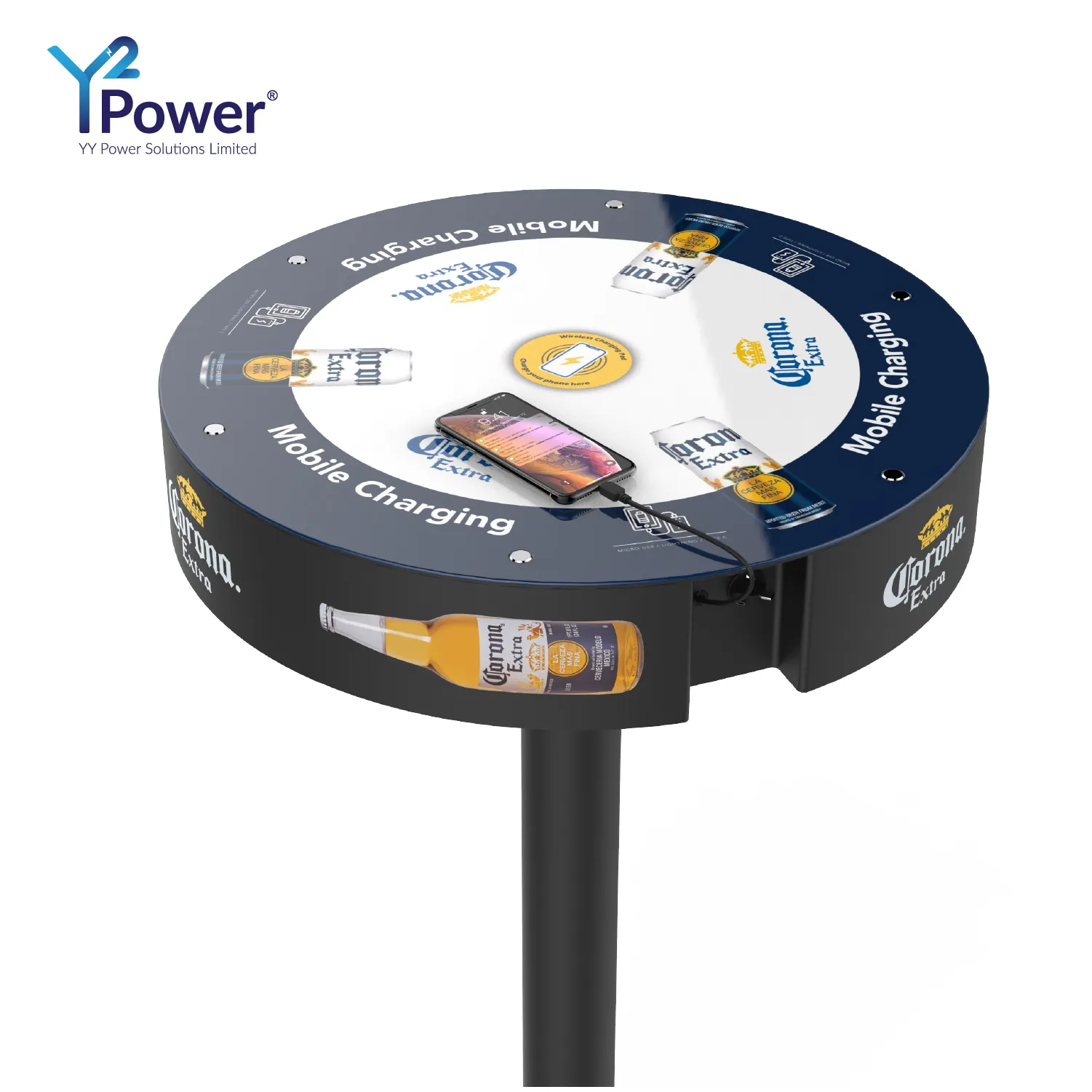 Y2Power RIO Power Charging Table with Self-Retractable Cables and Wireless Charging Pad Glass Table for Public Places