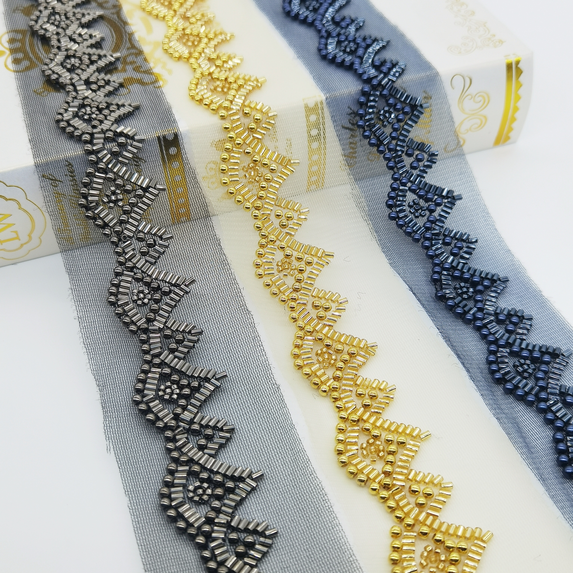 Handmade Pearl beaded lace trim fashion garments accessory rhinestone ribbon trim black color trim for clothes