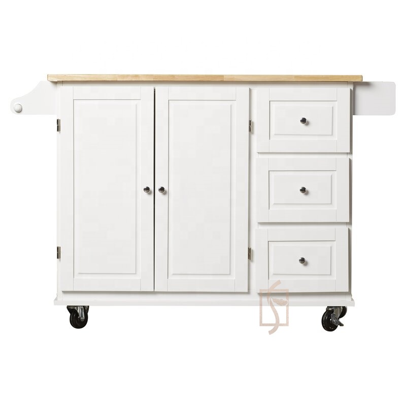 Low MOQ Solid Rubber Wood Wooden Rolling Storage Kitchen Cart Two Doors Three Drawers Trolley Island With Wheels Expandable
