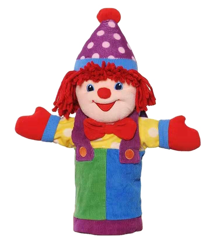 Custom hot selling baby plush toys wear hats clown hand puppets stuffed animal plush toys for kids children to play