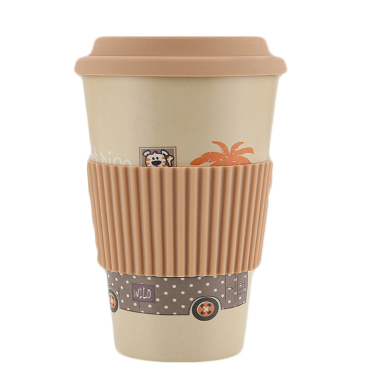 2019 Wholesale bamboo fiber cup reusable mug custom travel coffee mug with silicone lid and sleeve dishwarer safe