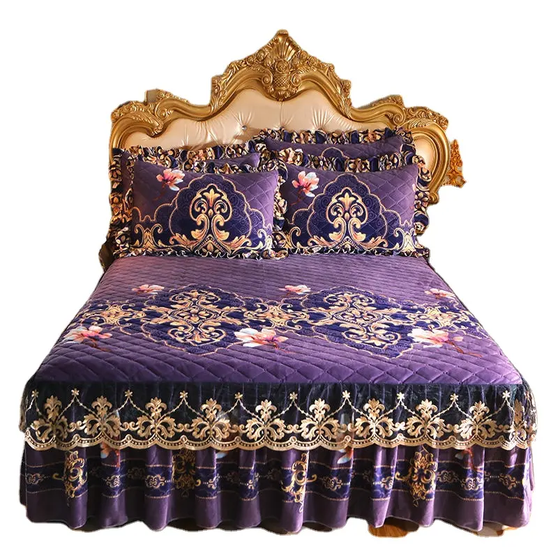 Australia Style Luxurious Velvet Quilted Bed Skirts with Lace