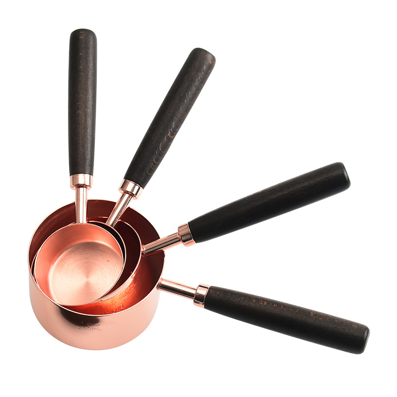 Wooden Handle Stainless Steel Copper Plating Rose Gold 250_125_80_60ml Measuring Cup 1.25_2.5_5_15ml Measuring Spoon 4 Pcs Set