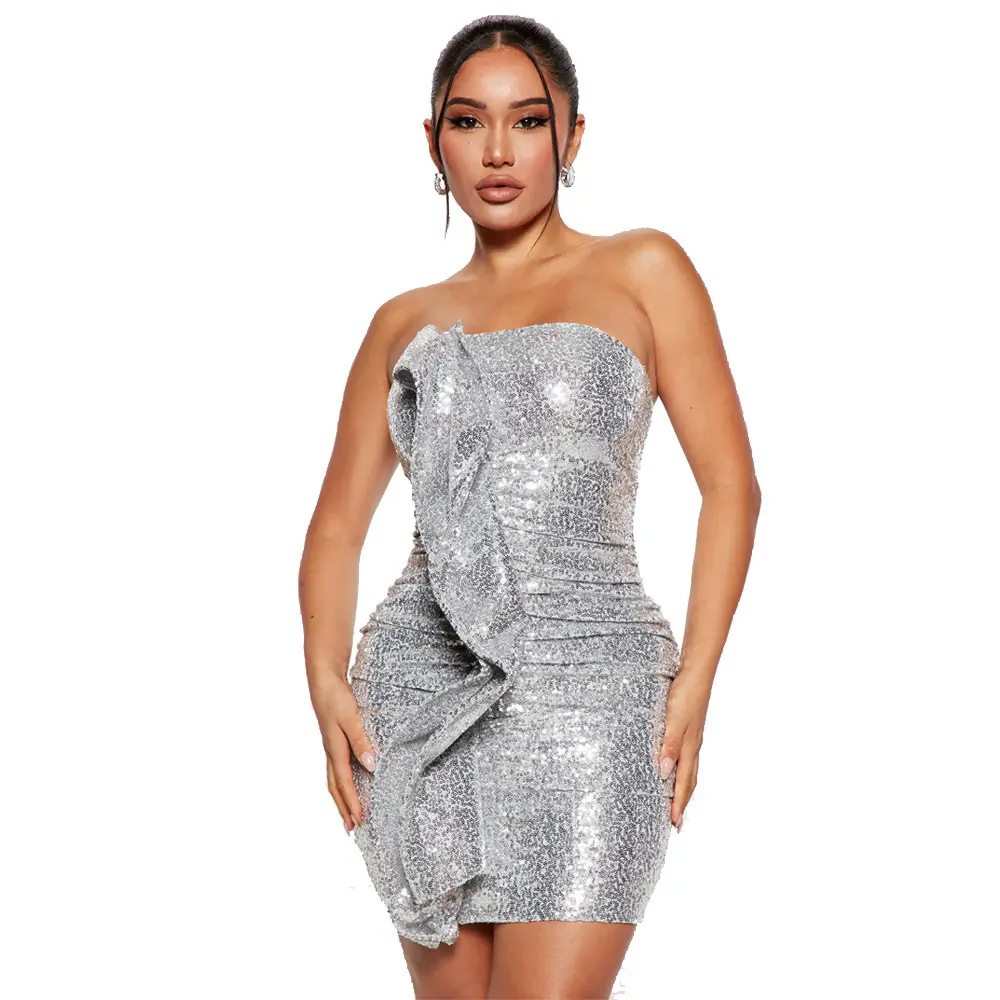 Sexy Summer Party Asymmetrical Tube Long Sleeve One Off Shoulder Metallic Glitter Sequin Women Formal Mini Cocktail Dress