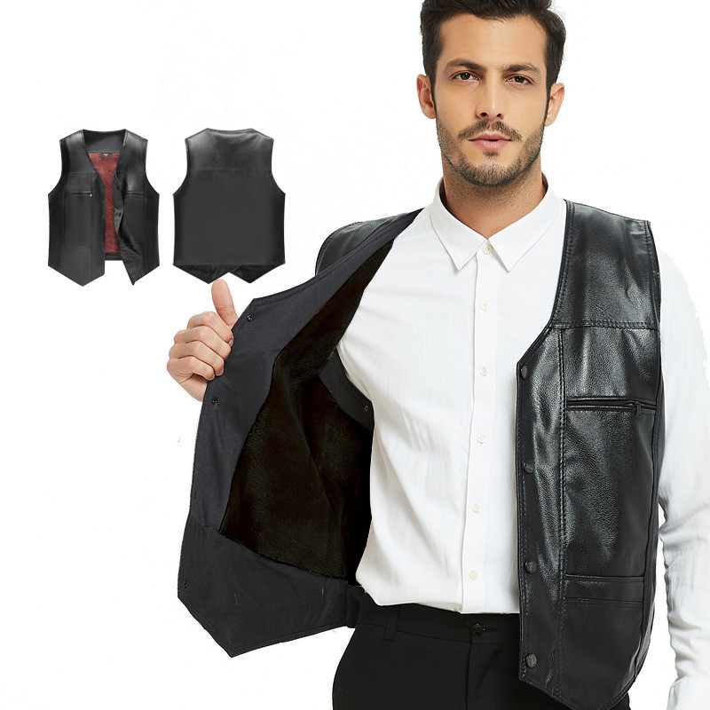 New Men's V-neck Thick Warm Vest Fashion Black Leather Waistcoat