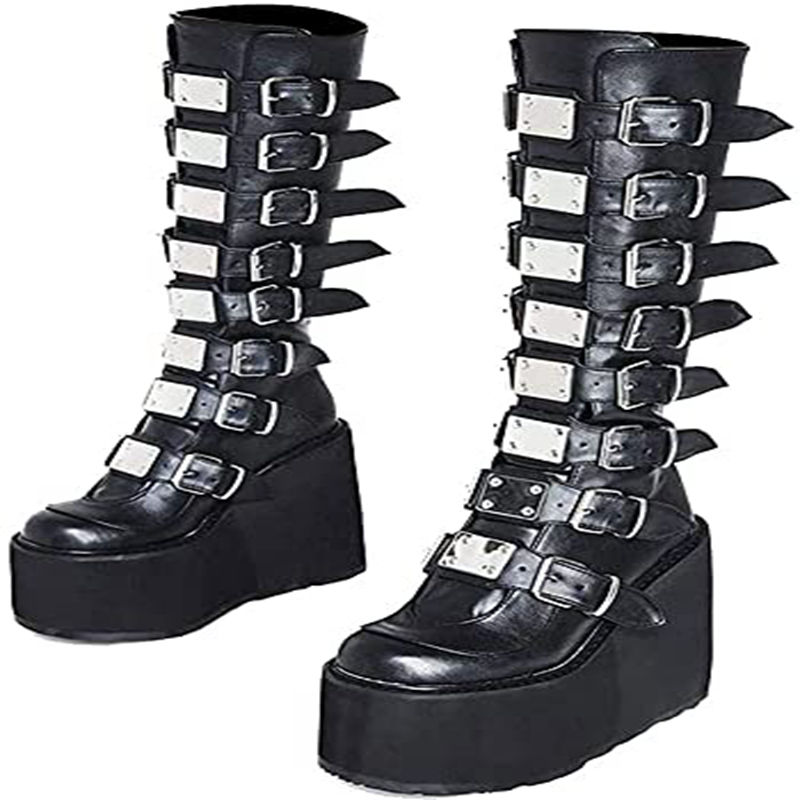 Womens Goth Knee High Boots Wedge High Heel Motorcycle Platform Combat Ankle Boots