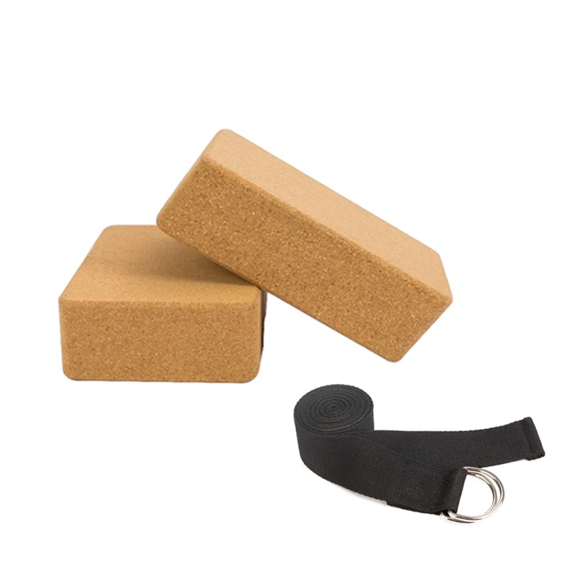 2 High Density Eco Natural Cork Yoga Blocks with 1 Strap