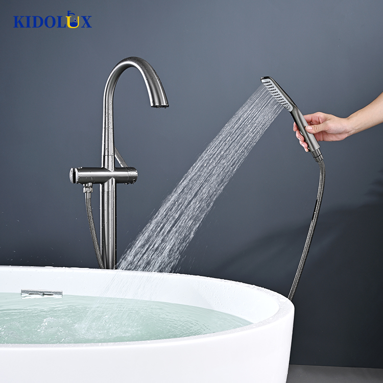 Bathroom Black Metal Floor Stand Alone Bath Shower Bathtub Faucet Mixer High Quality Brass With Handheld Shower Head Gun Grey