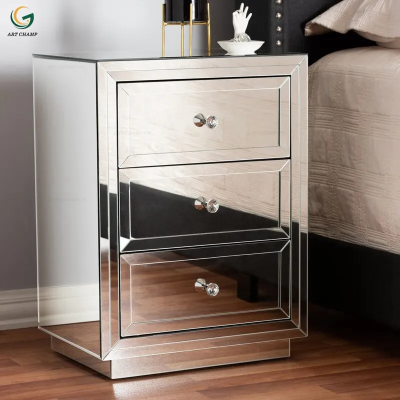 Mirrored Nightstand 3 Drawer Bedroom Storage Furniture Mirrored Bedside Table Modern Nightstand For Home