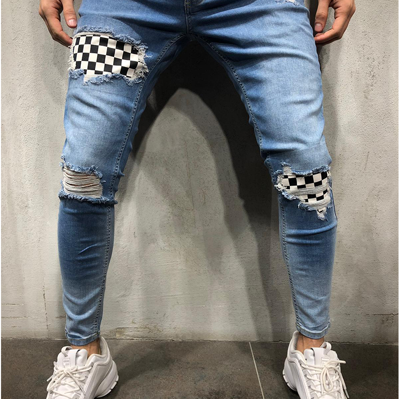 American Style Skinny Distressed Jeans Black Jeans Men Black and white checked hole patch stitching jeans