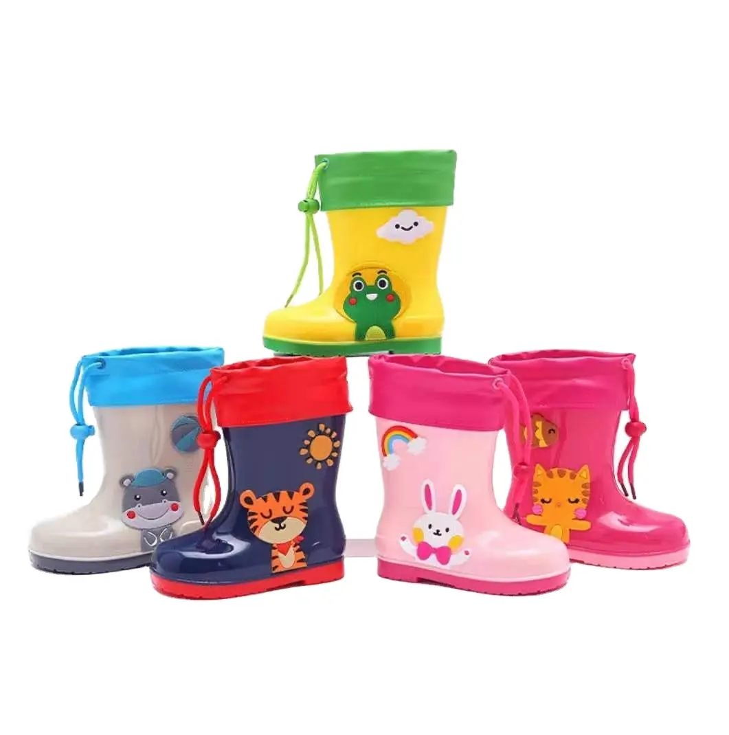 Low MOQ Easy On Rubber Kid's Waterproof Animal Character With Contraction Rope Children Printed Rain Boot