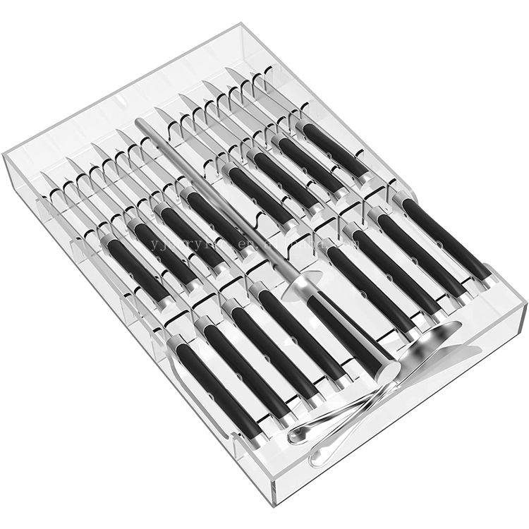 Acrylic Knife drawer Organizer, Drawer Knife Set Storage Holde with Safety Slots for 16 Knives and 1 Sharpening Steel