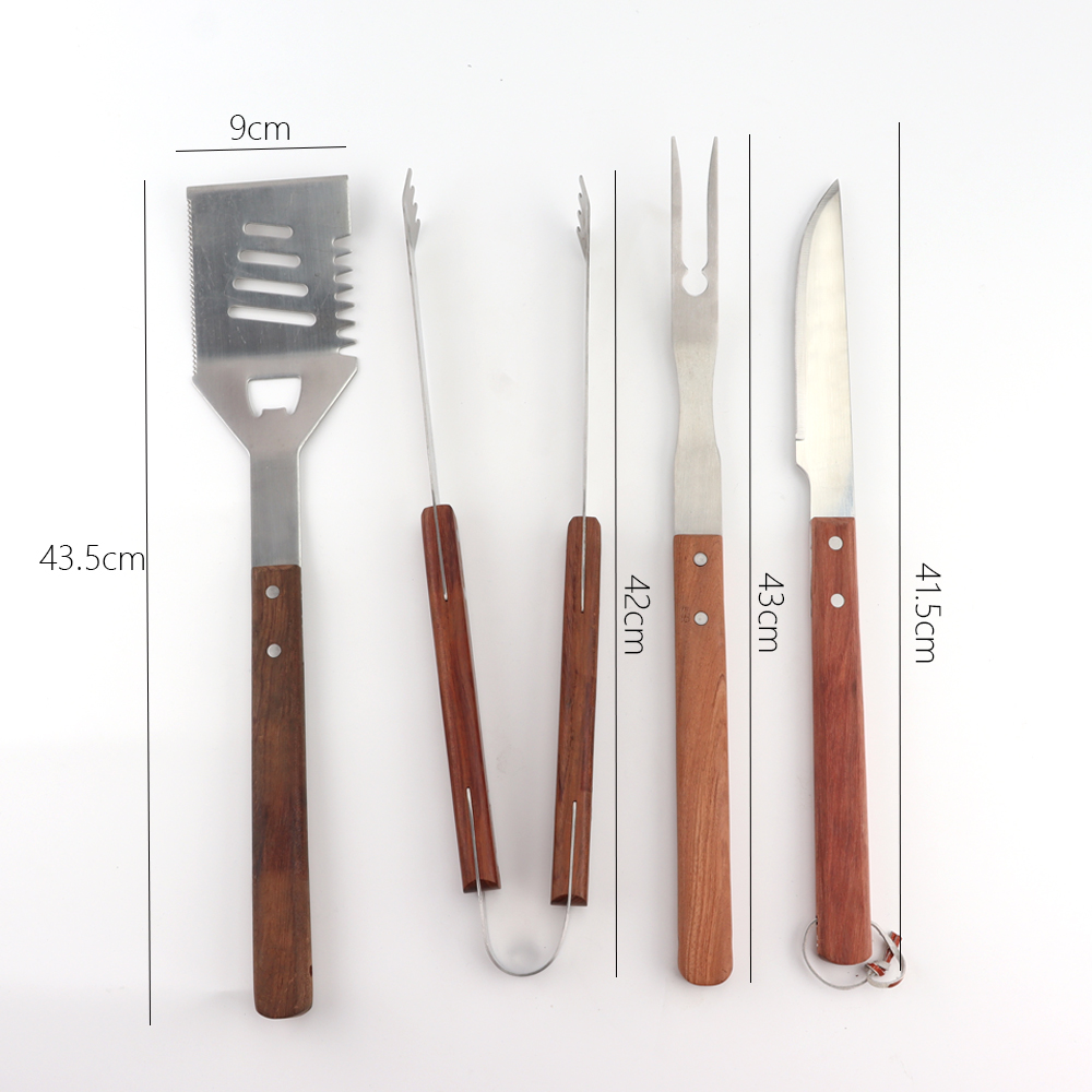 KITCHENCARE 4 Pcs Stainless Steel Kit Barbecue Grill Utensil Tools Barbacoa Wooden Bbq Tool Set With Bag