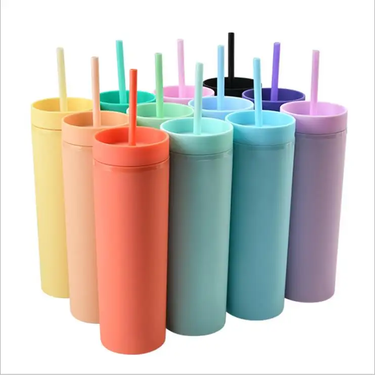 450ml/16oz Wholesale Skinny tumbler BPA FREE double walled plastic tumblers coffee cup water bottle with straw lid
