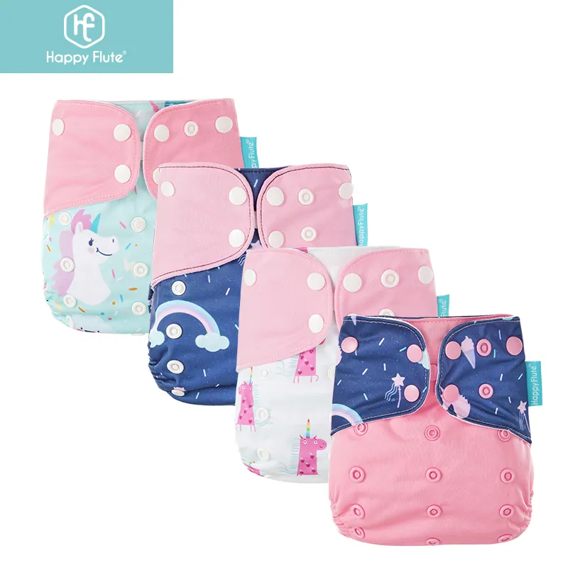 Happy Flute Washable Baby Cloth Diaper 4 Pcs / Set Waterproof Printed Suede Cloth Lining Nappy