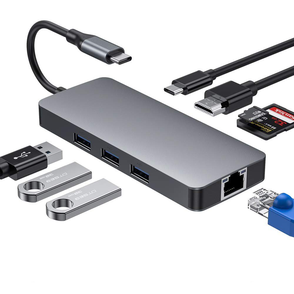 Адаптер Raycue 8 в 1 Type C на 3 USB 3,0 HD-MI RJ45 с зарядкой PD USB C Hub