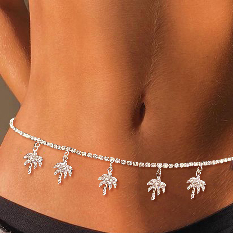 Sexy Rhinestone Waist Coconut Tree Body Chain for Women Fashion Beach Bikini Belly Jewelry Accessories