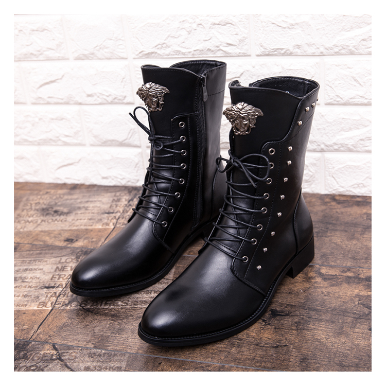 Winter Fashionable men's walker boots genuine leather chelsea boots rubber outsole lace-up working casual long black men's boot