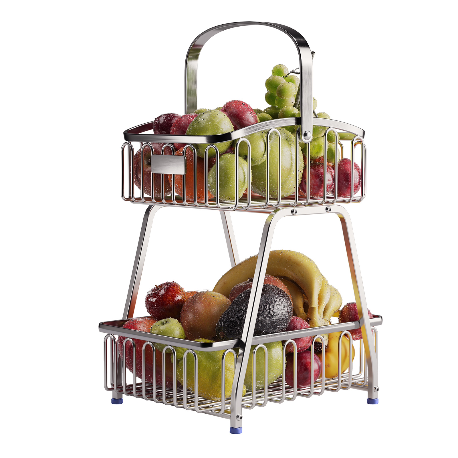 LIVOD 2-Tier Stainless Steel Fruit Basket Bowl ,Bread Storage Rack for Dining Room Countertop Organizer,(Silver)