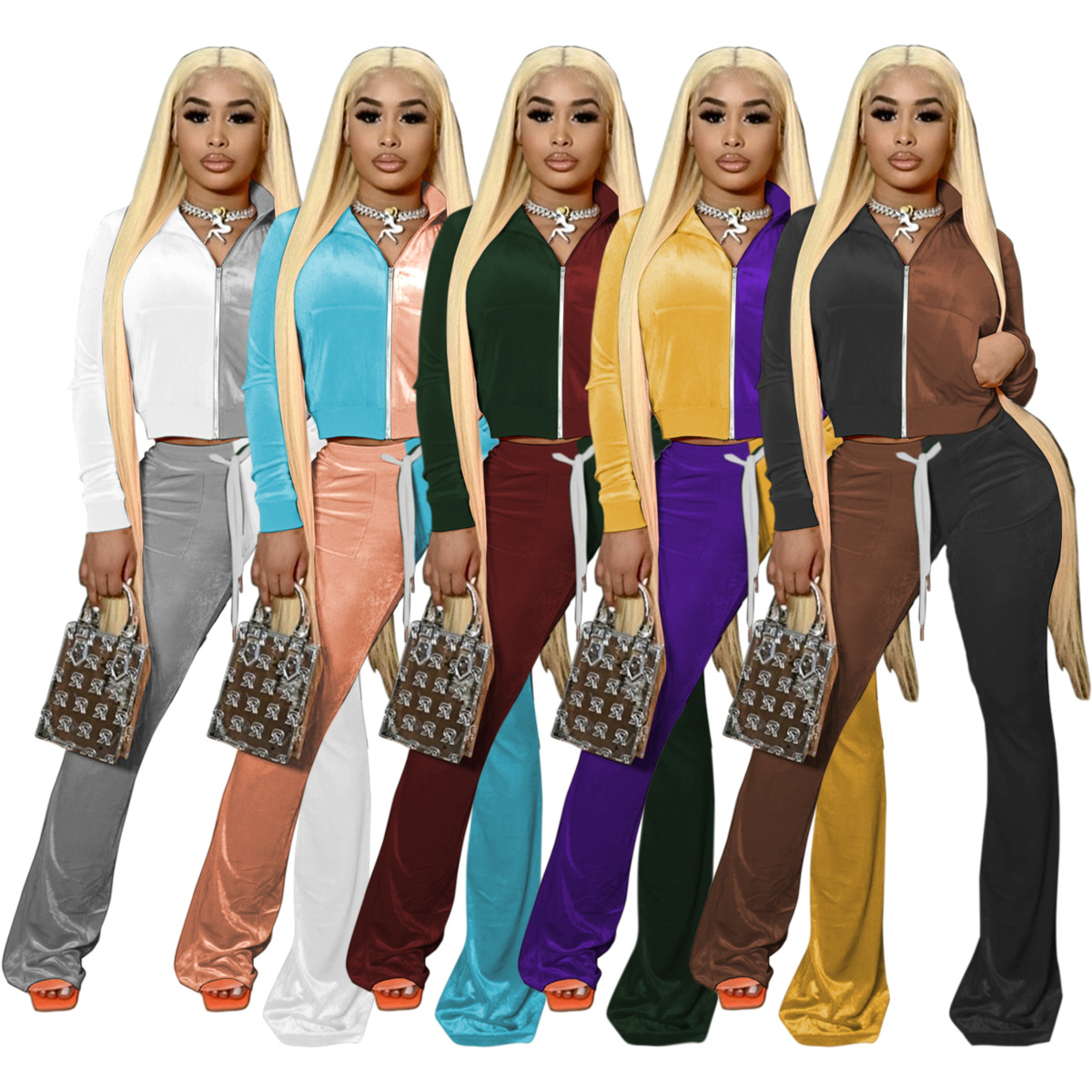 Fall Clothes Korean Velvet Sweatsuit Women Velour Tracksuit Patchwork Long Sleeve Jacket Flared Pants Velvet 2 Piece Set