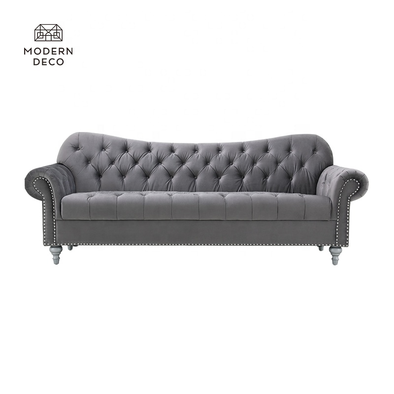 Из жатого бархата велюровое трикотажное диван с гвоздями шипованные chesterfield дизайн с пуговицами в гостиной высокого качества 3 местный темное серебро градиентный нейтрально-серый фильтр канапе