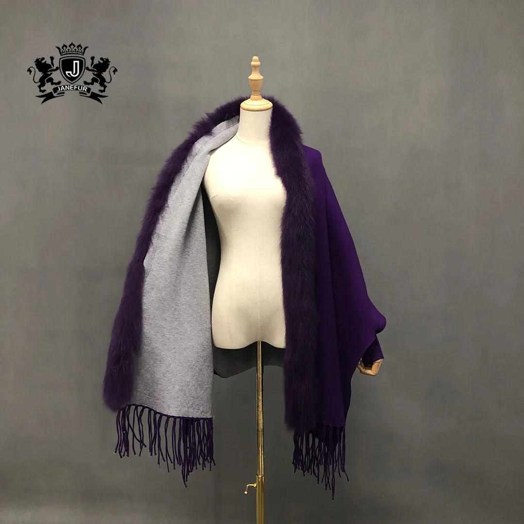 Grace Mysterious Style Knitted 100% Cashmere Wool Scarf Tippet With Fox Fur Collar With Tassel
