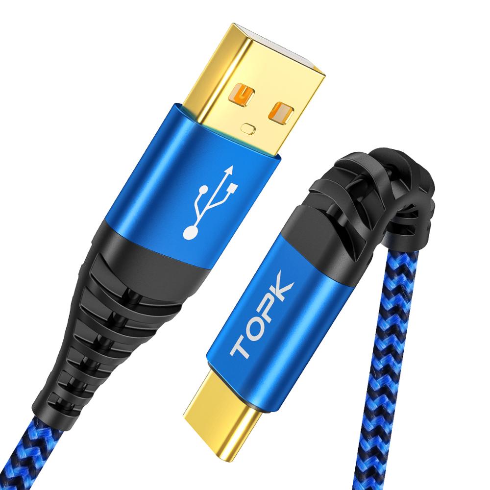 TOPK AN24 1 м (3.3ft) 3A QC3.0 золотое покрытие USB кабель с нейлоновой оплеткой с разъемом USB Type-C кабель для передачи данных для Iphone Samsung зарядное устройство