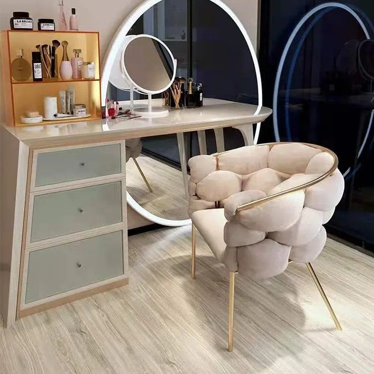 Nordic velvet beige tufted gold stainless steel leg minimalist dinning chair make up chair