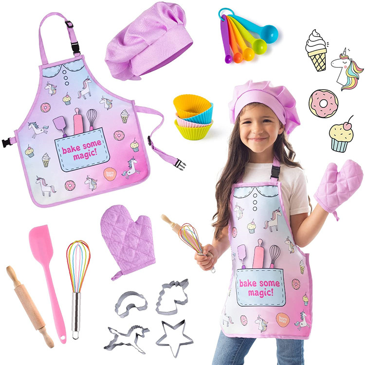 Kids Baking Sets Girls Dress Up Chef Role Play Costume Cartoon Pattern Baking Tool Toys Set Kids Cooking Pretend Play Toys