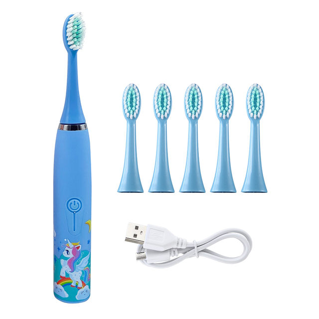 Electric Toothbrush Kids with 5 Brush Heads for Girls Boys Children Age 3-15 Extra Soft Sonic 2 Mins Timer 4 Modes