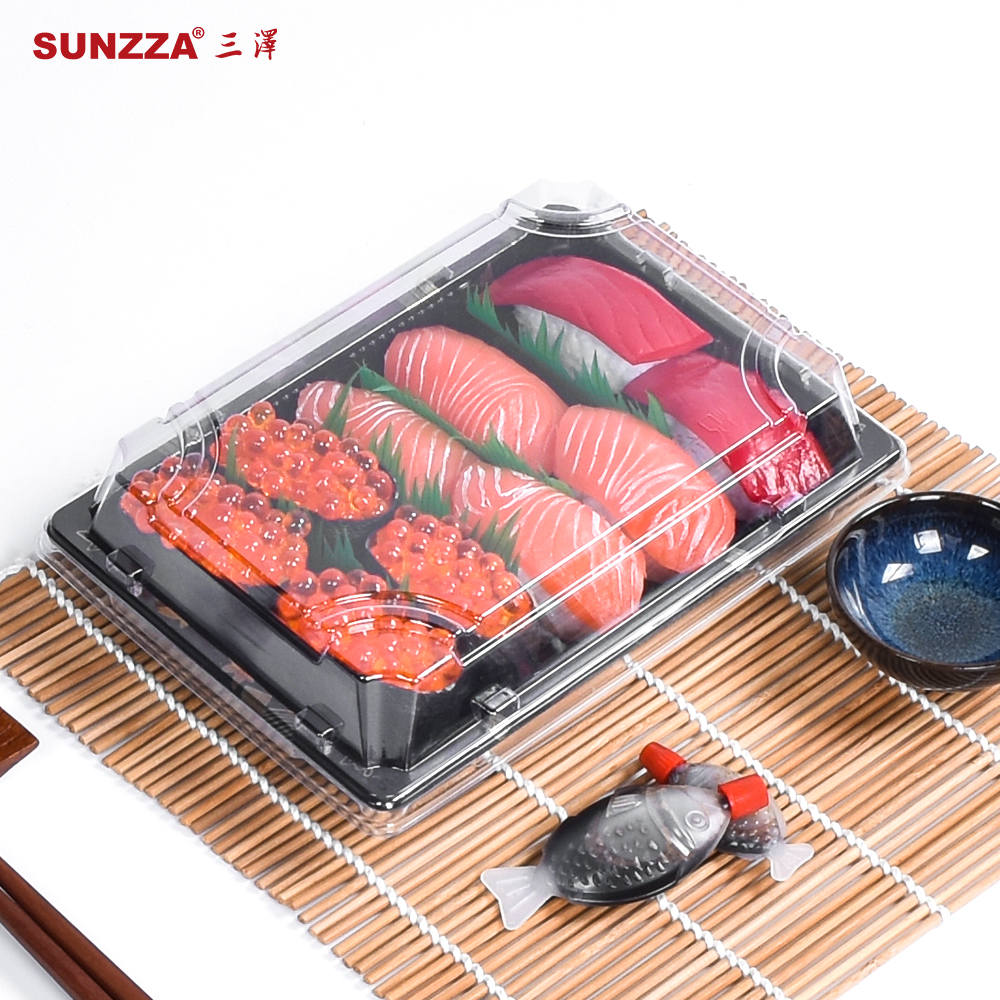 Sunzza cheaper price over size rectangle disposable design takeaway food grade packaging sushi togo containers with anti fog lid