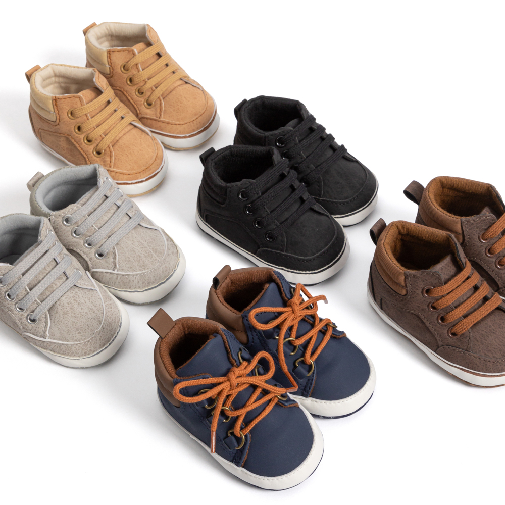 Low MOQ Customize Soft Sole Baby Boy High Top Sneakers Fashionable Lace-Up Crib Shoes For Infants Anti-Slip Sole