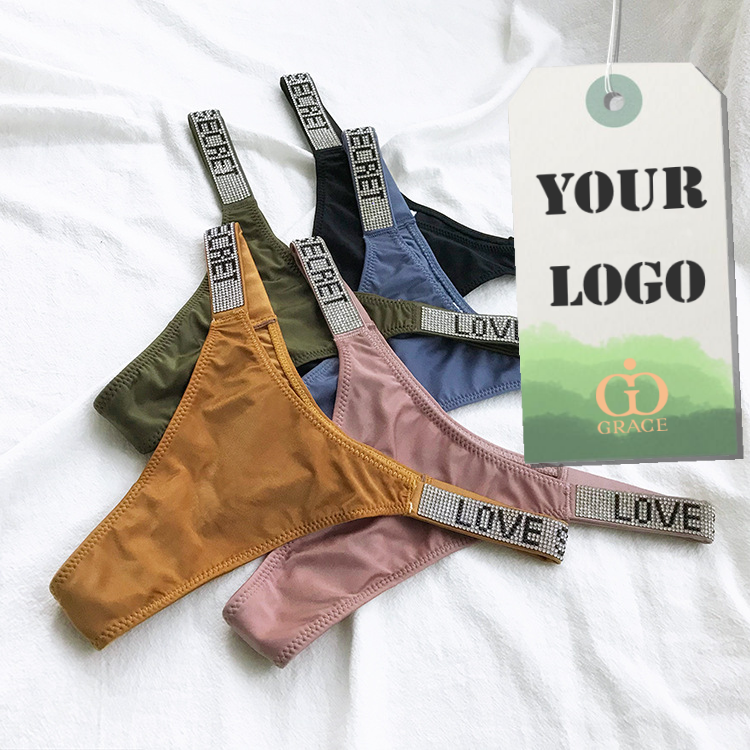 Custom OEM LOGO T back Love Secrets Bling Diamond Branded Rhinestone Sexy Underwear Tangas Thongs for Ladies Women Underwear
