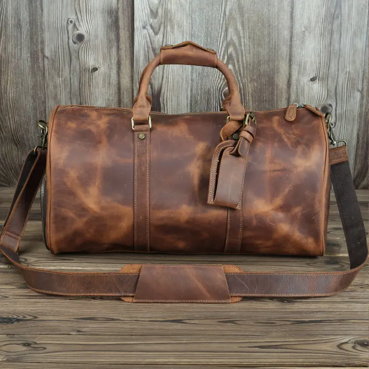 Vintage Crazy Horse Leather Men's Travel Duffle Luggage Bag With Shoes Compartment Bag