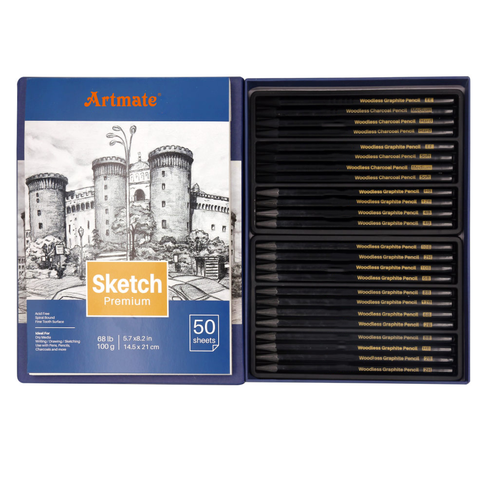Artmate набор карандашей для эскизов без древесины 24 шт. с эскизной книгой A5 5,7x8,2 дюйма 50 листов без рисунка