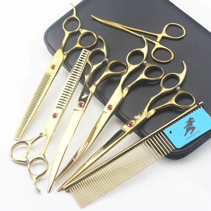 8.0 inch Gold High Quality Japanese 440C Pet Grooming Dog Beauty Scissors 1 set of 5 scissors Pet Grooming Scissors
