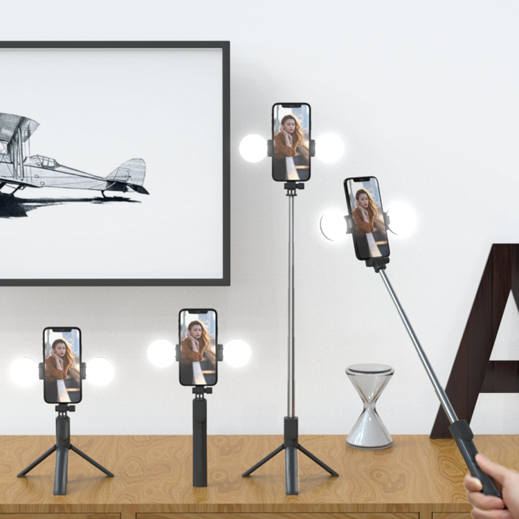 360 rotation wireless control portable smart selfie stick tripod 3 in 1 with double led light