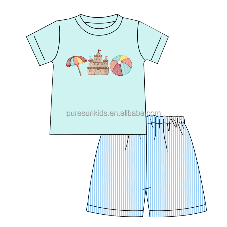 Puresun boy clothings set kids boutique embroidery cotton T shirt boys shorts popular little boy outfits sets