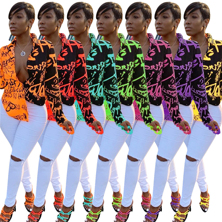Turndown Collar Contrast Color Graffiti Print Long Sleeve Woman Top Blouses women shirts for women