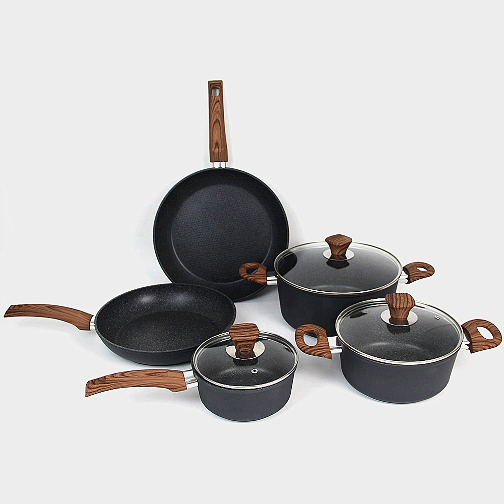 Durable Black stone cooking pot and pan set Royal metal abrasion proof non stick forged die casting stock pot and pan set