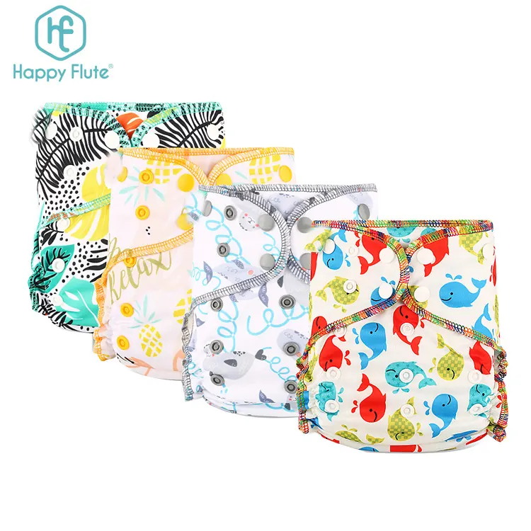 Happyflute one size washable bamboo velvet cloth diaper printed aio fitted diaper wholesale