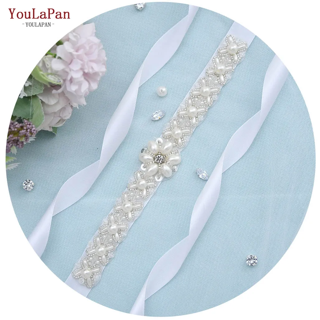 YouLaPan S155 White Pearl Flower Bridal Belt for Wedding Dress Accessories
