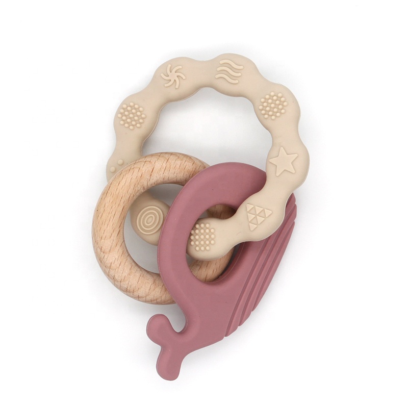 Beach wooden teether infant biting ring sensory good quality BPA free natural wooden and silicone baby teether