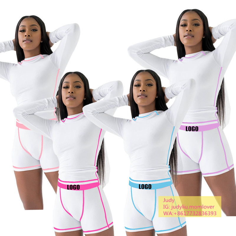 Custom logo plus size women sleepwear long sleeve outline top and shorts bubble gum set seamless 2pcs pyjamas women sleepwear