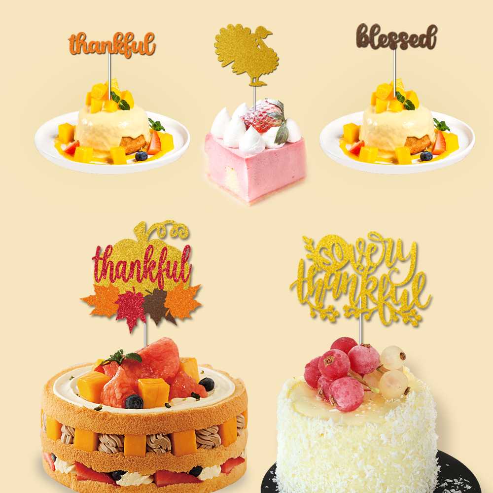 Thanksgiving Holiday Cake Paper Topper Pumpkin Maple letter Turkey Cupcake decor Fall Theme Party Cakes Decorations
